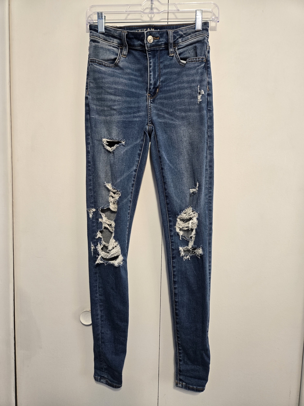 American Eagle Super Hi-Rise Jegging Distressed Jeans Size 0 Long Stretch‎